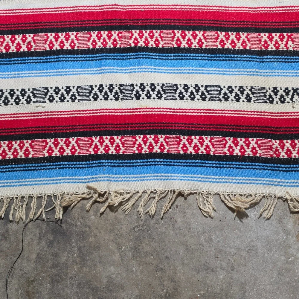 Vintage Mexican Serape Blanket Rug Striped Geometric Fringe Good 84